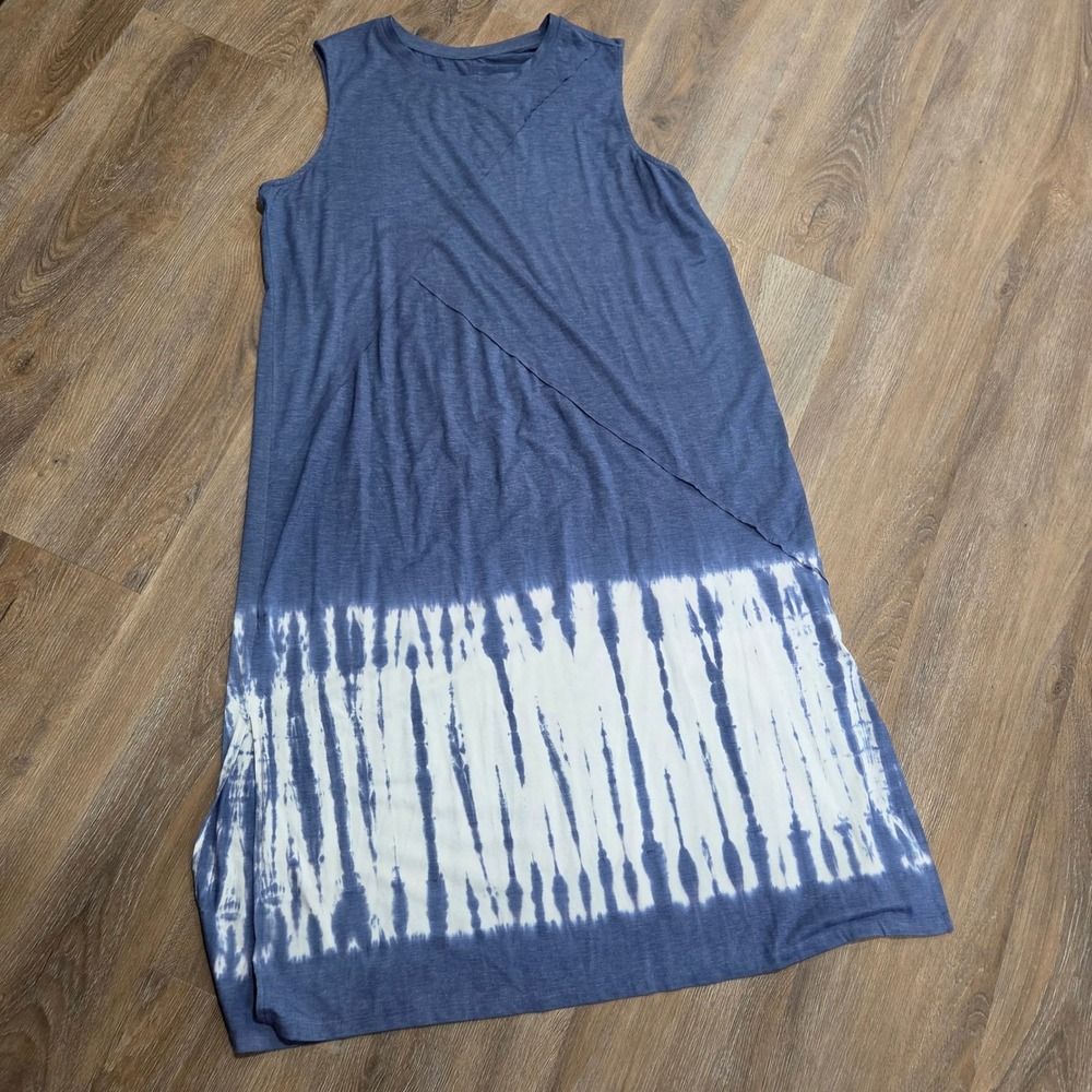 Leved Blue Tie Dye Sleeveless Maxi Dress 1x Jersey Knit Boho Slit